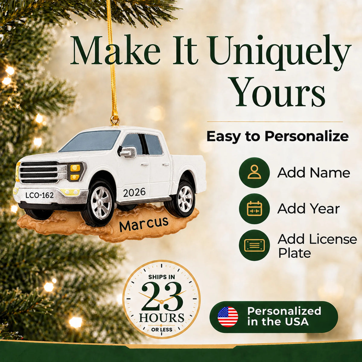 Make it yours: personalize the White Pickup Truck christmas ornament