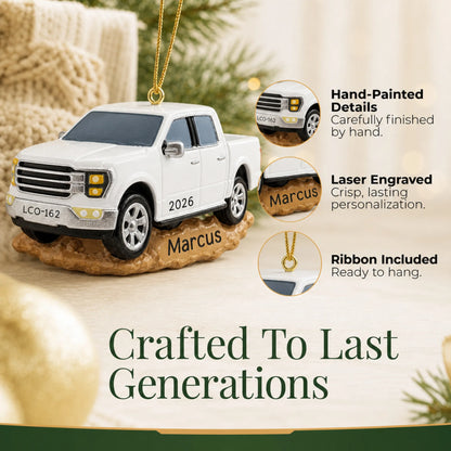 Hand-painted details and laser engraved personalization on the White Pickup Truck christmas ornament, ribbon included