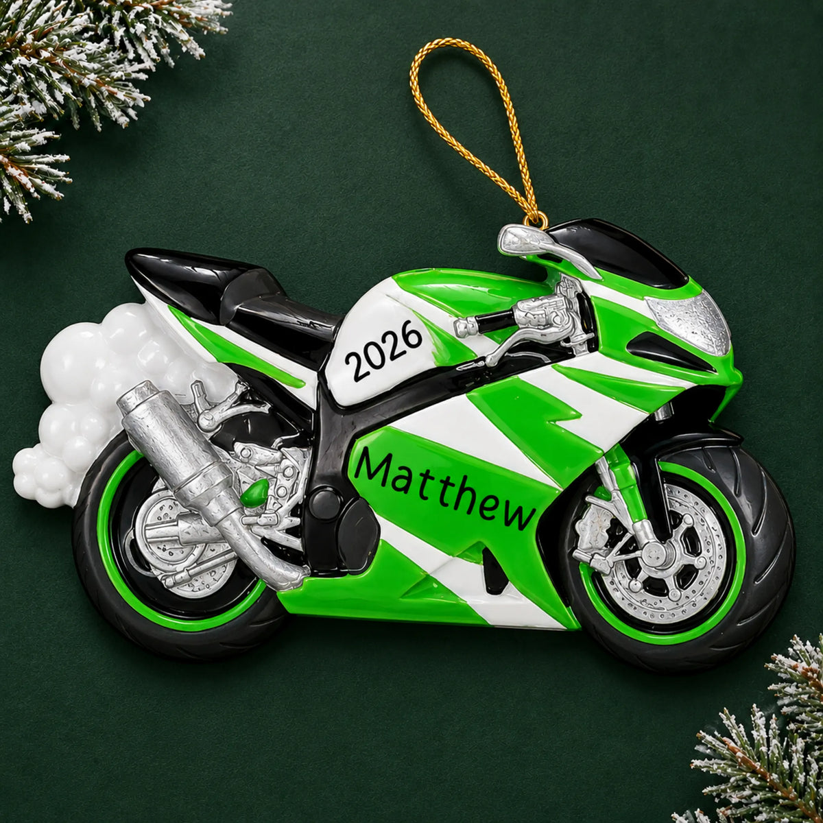 Personalized Crotch Rocket Motorcycle christmas ornament on a dark green pine background