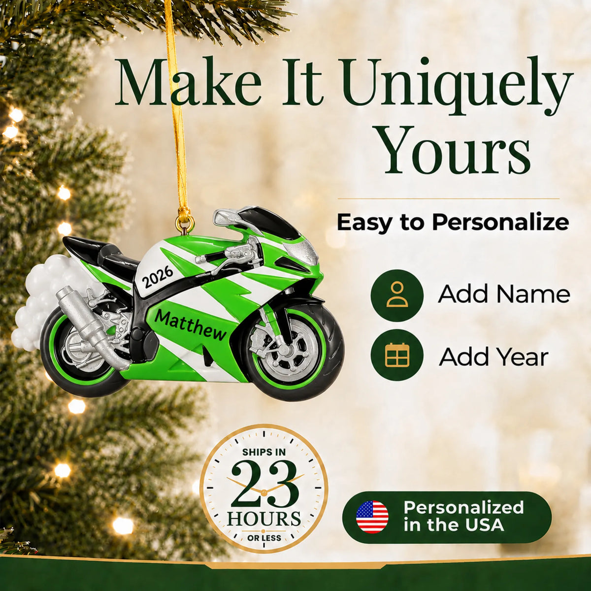 Make it yours: personalize the Crotch Rocket Motorcycle christmas ornament
