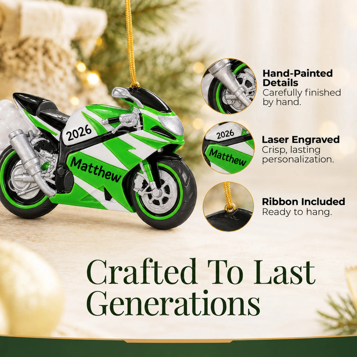 Hand-painted details and laser engraved personalization on the Crotch Rocket Motorcycle christmas ornament, ribbon included