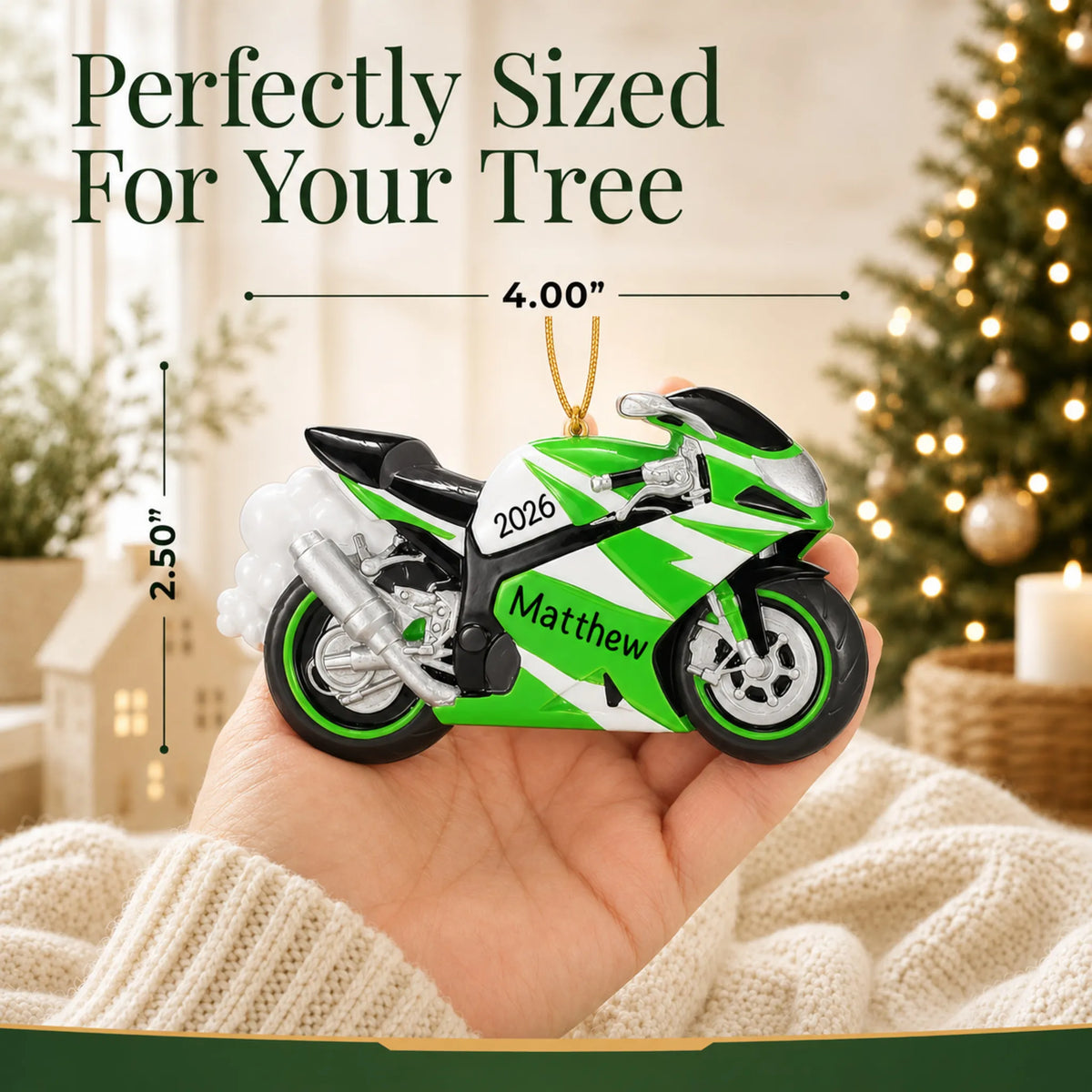Size guide: the personalized Crotch Rocket Motorcycle christmas ornament is 4.00 in wide by 2.50 in tall, shown in hand