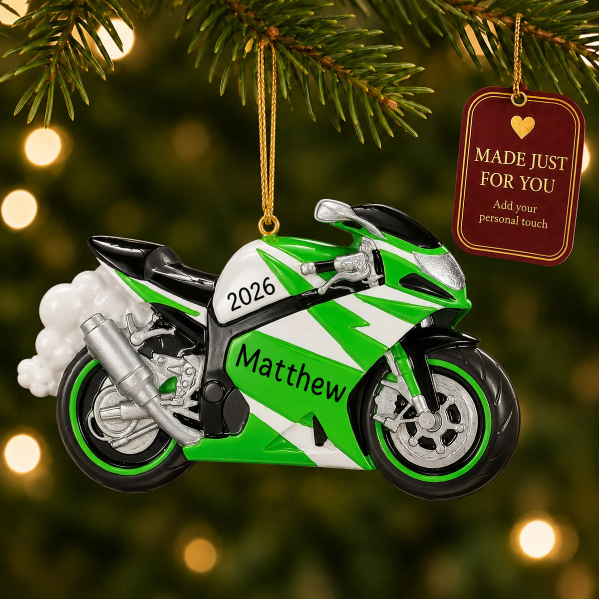 Crotch Rocket Motorcycle christmas ornament hanging on a lit Christmas tree with a Made Just For You gift tag