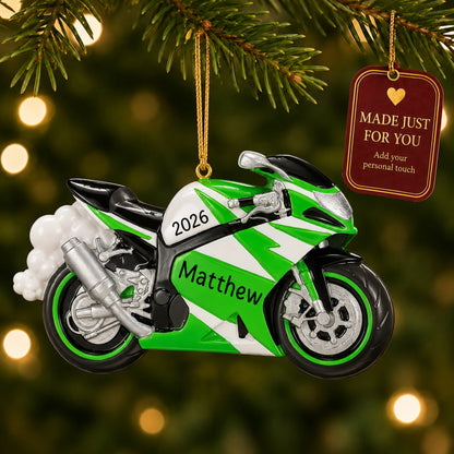 Crotch Rocket Motorcycle christmas ornament hanging on a lit Christmas tree with a Made Just For You gift tag