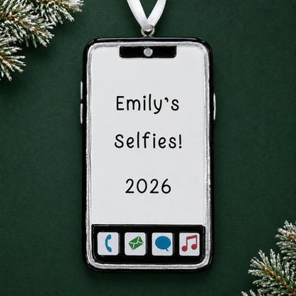 Personalized smartphone christmas ornament on a dark green pine background