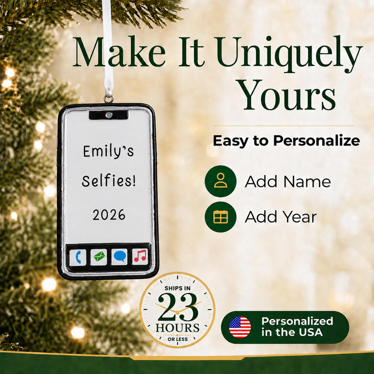 Make it yours: add name and year to the personalized smartphone christmas ornament