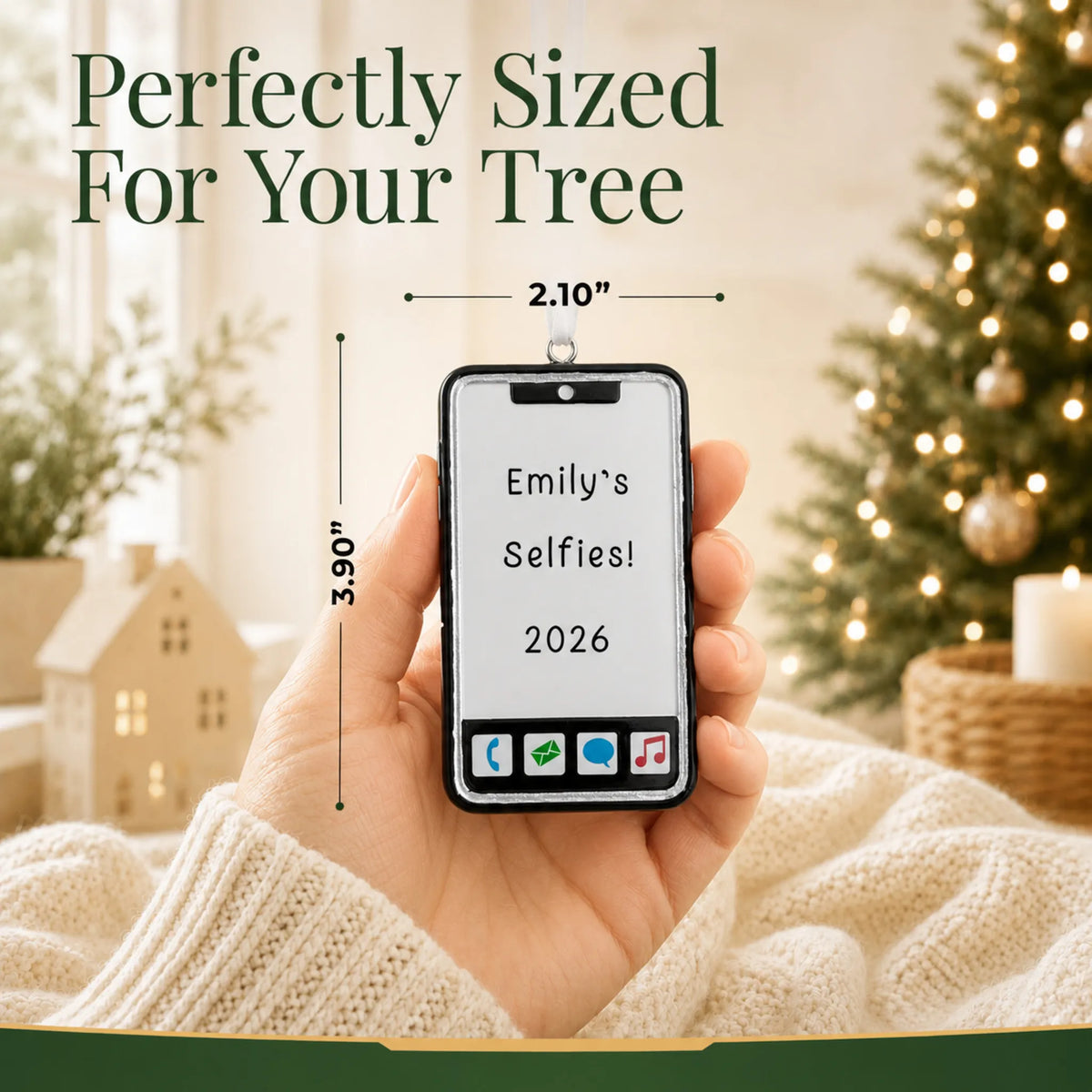 Size guide: the personalized smartphone christmas ornament is 2.10 in wide by 3.90 in tall, shown in hand