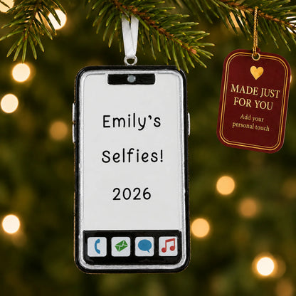 Smartphone christmas ornament hanging on a lit Christmas tree with a Made Just For You gift tag