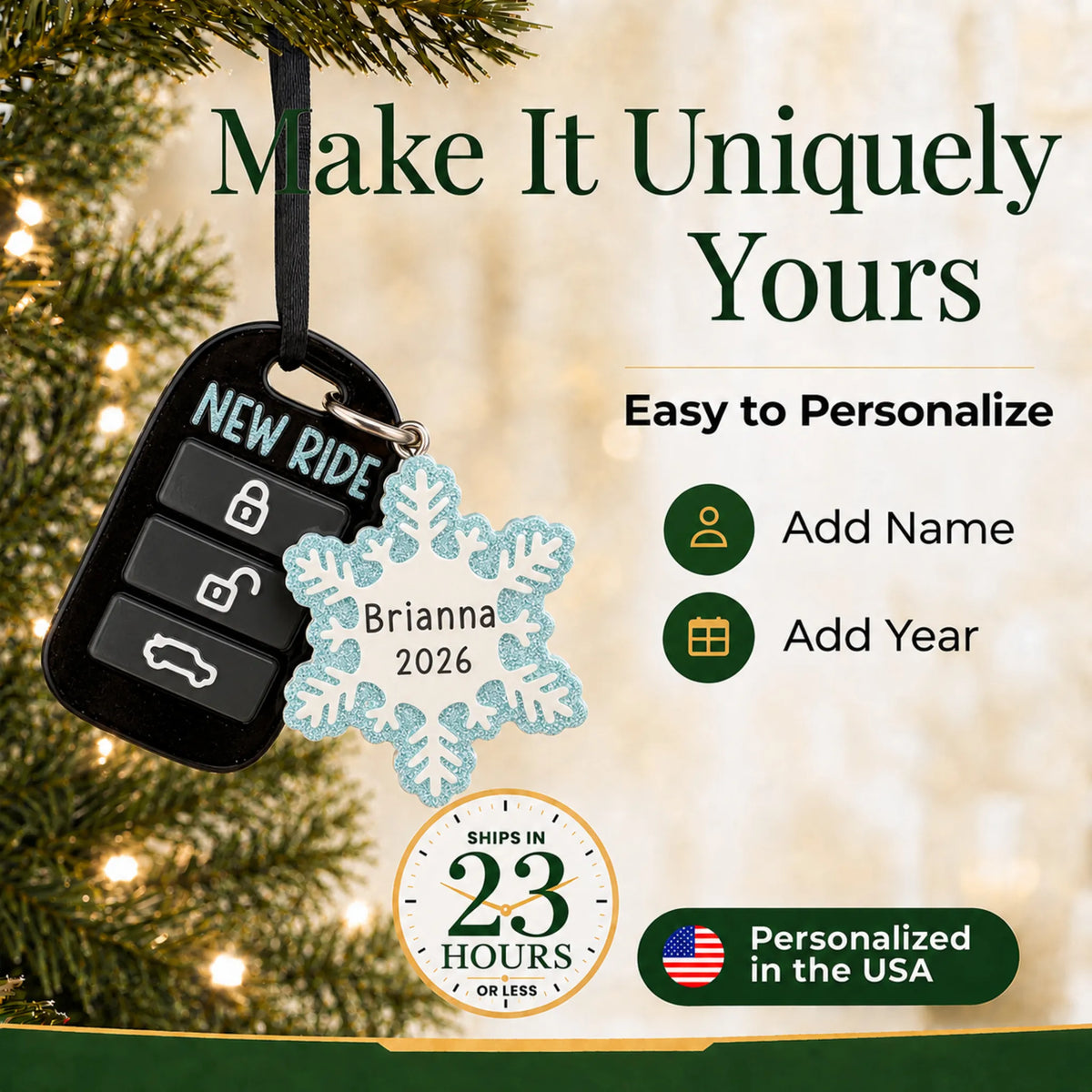 Make it yours: add name and year to the personalized new car key fob christmas ornament