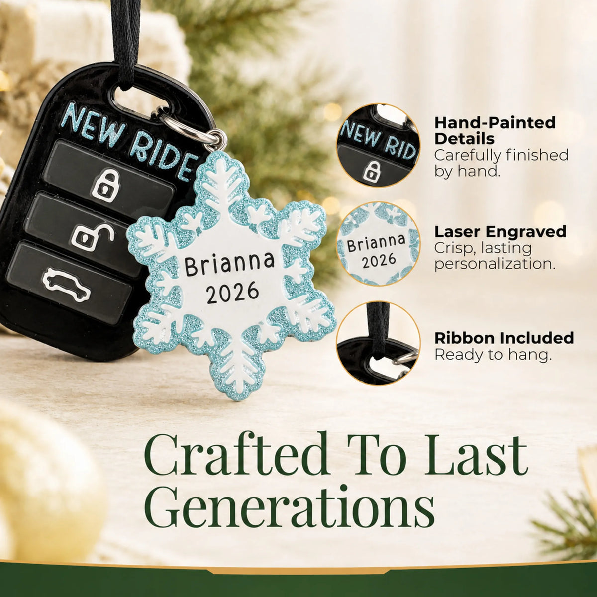 Hand-painted details and laser engraved personalization on the new car key fob christmas ornament, ribbon included