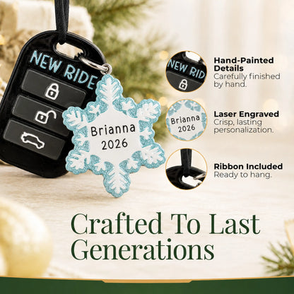 Hand-painted details and laser engraved personalization on the new car key fob christmas ornament, ribbon included