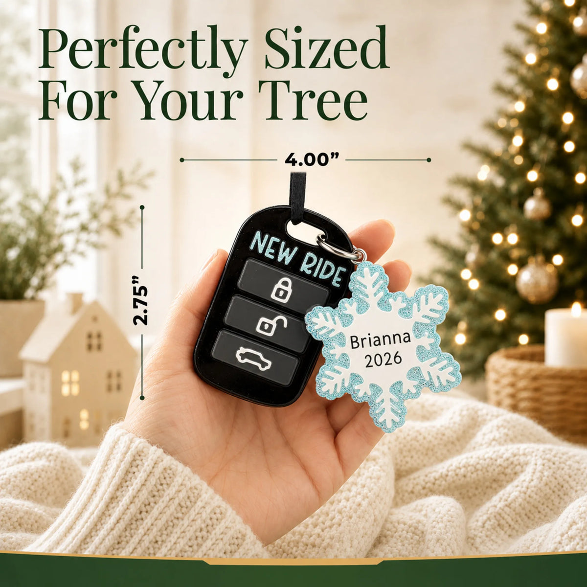Size guide: the personalized new car key fob christmas ornament shown in hand next to a Christmas tree