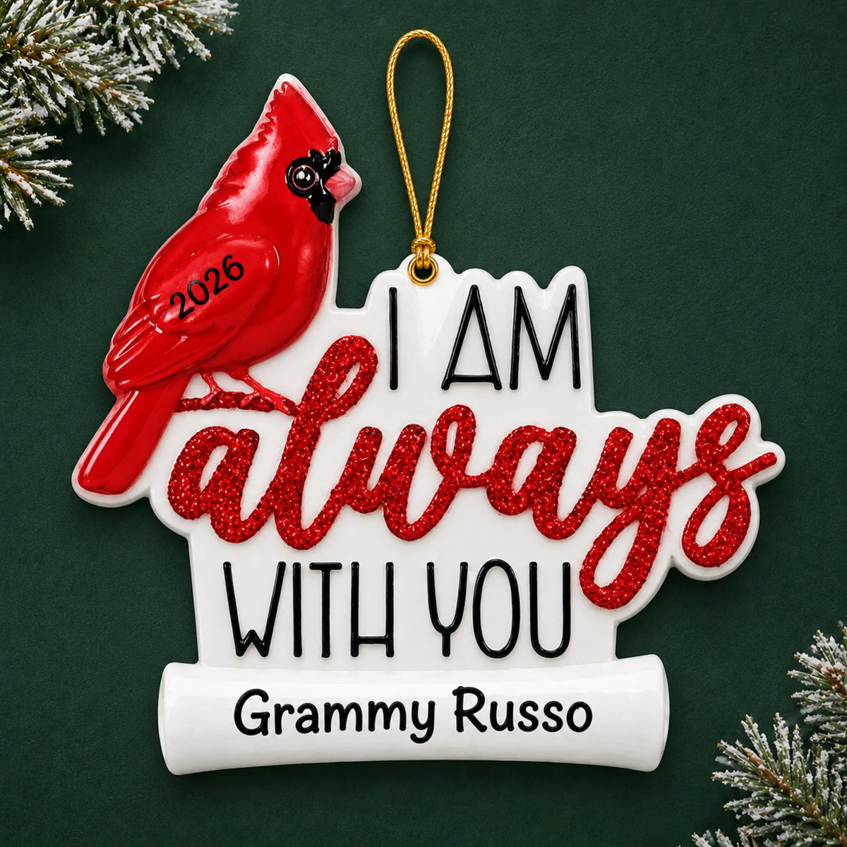 Personalized Cardinal Memorial christmas ornament on a dark green pine background
