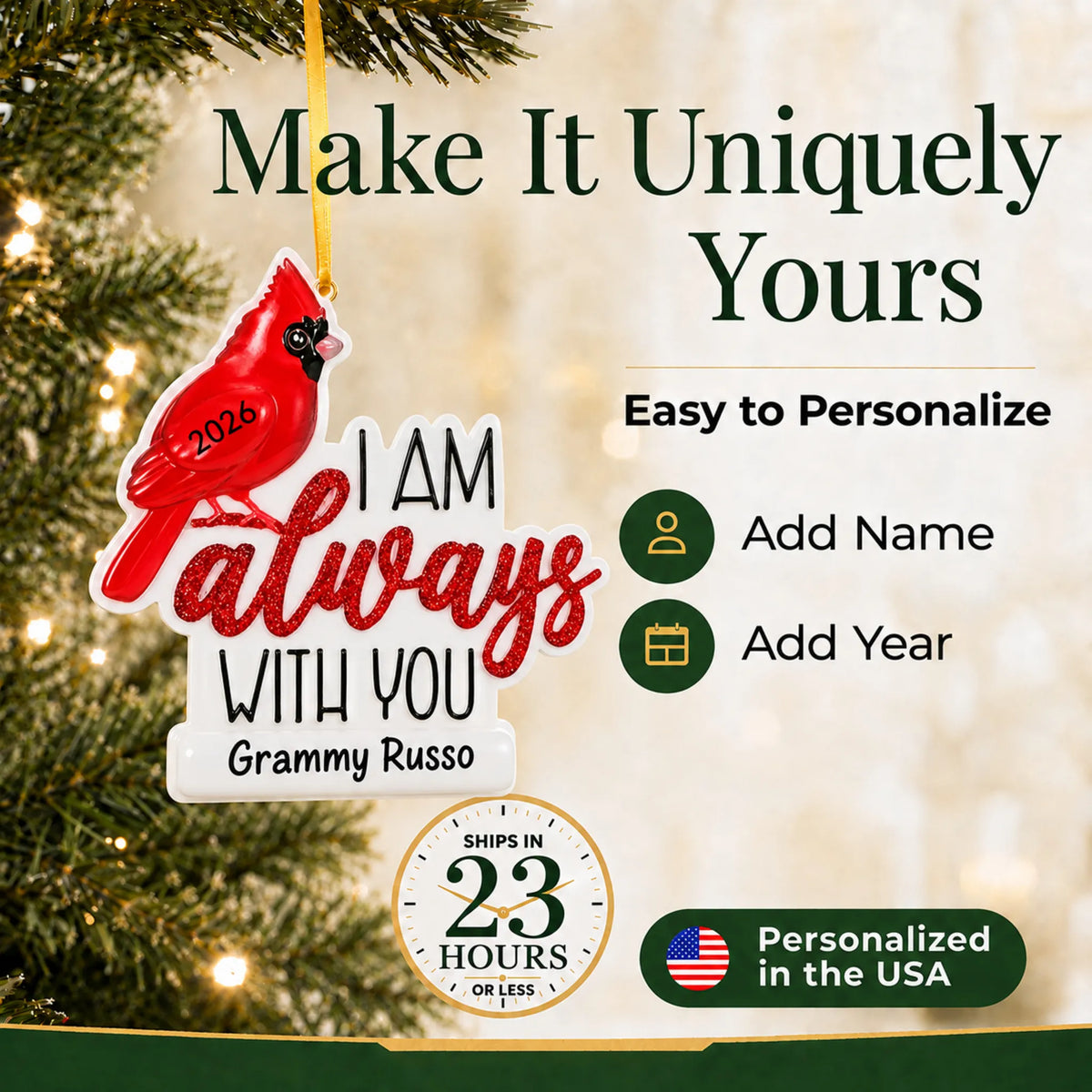 Make it yours: personalize the Cardinal Memorial christmas ornament