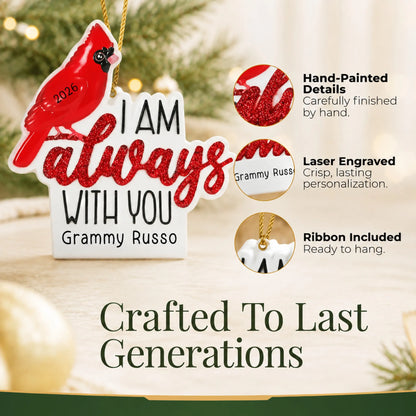 Hand-painted details and laser engraved personalization on the Cardinal Memorial christmas ornament, ribbon included