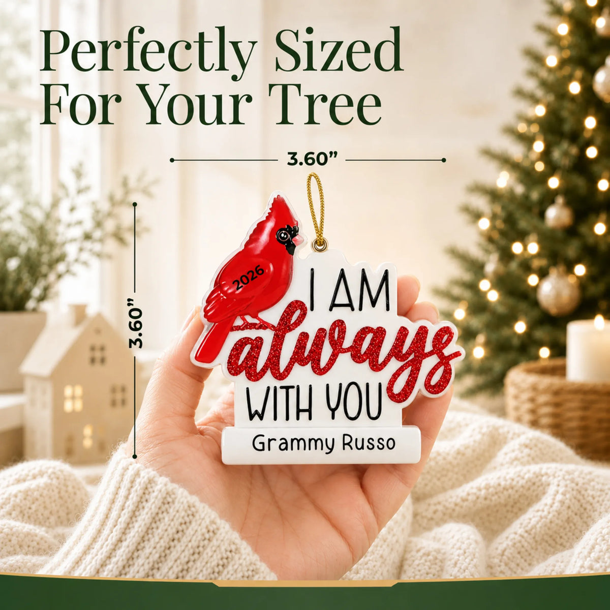 Size guide: the personalized Cardinal Memorial christmas ornament is 3.50 in wide by 3.70 in tall, shown in hand