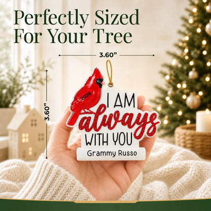 Size guide: the personalized Cardinal Memorial christmas ornament is 3.50 in wide by 3.70 in tall, shown in hand