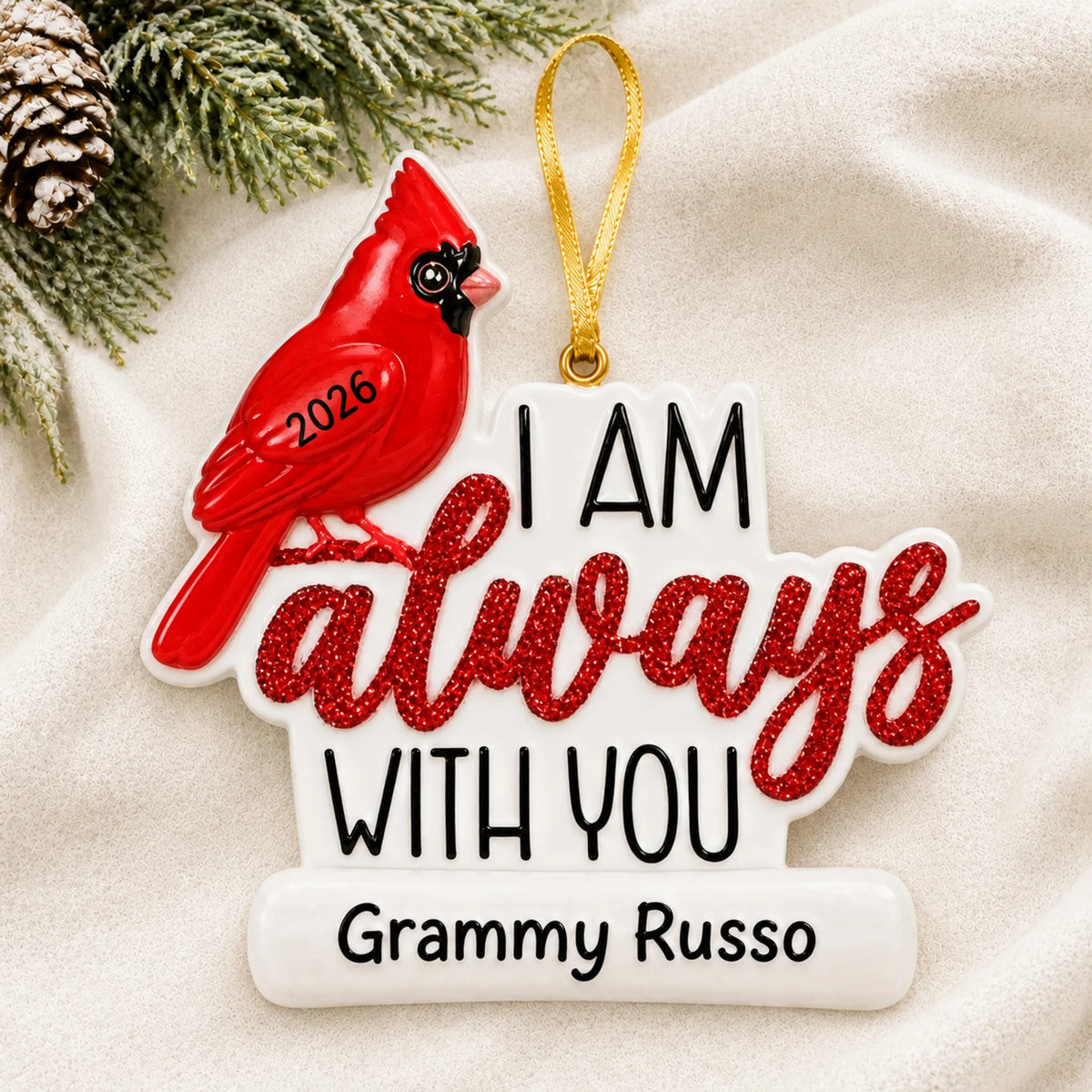 Personalized Cardinal Memorial christmas ornament laid on a soft white knit blanket