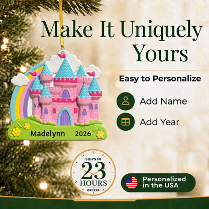 Make it yours: add name and year to the personalized princess rainbow castle christmas ornament