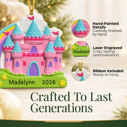 Hand-painted details and laser engraved personalization on the princess rainbow castle christmas ornament, ribbon included