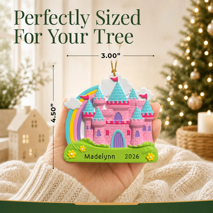 Size guide: the personalized princess rainbow castle christmas ornament is 3.00 in wide by 4.50 in tall, shown in hand