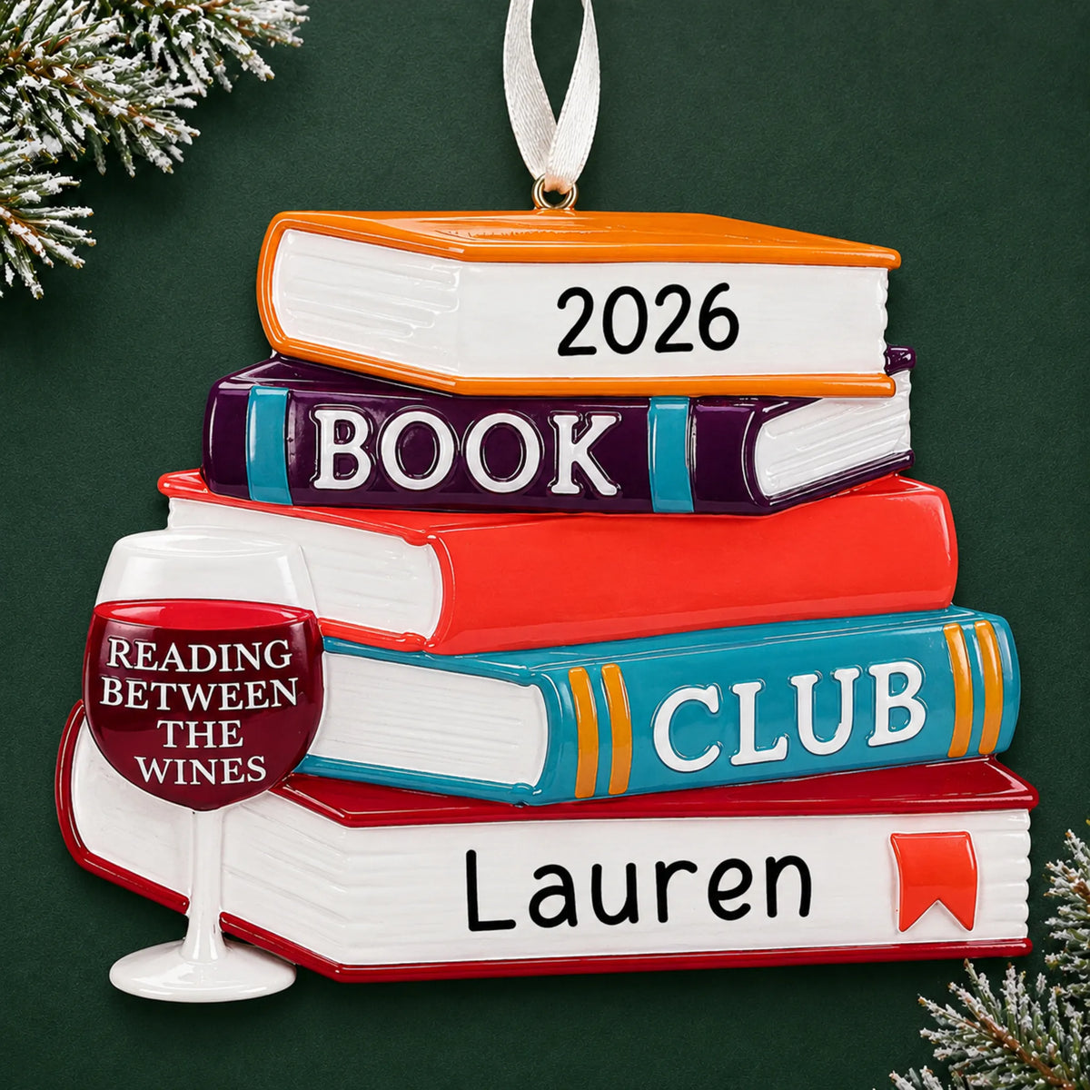 Personalized Book Club Wine Glass christmas ornament on a dark green pine background