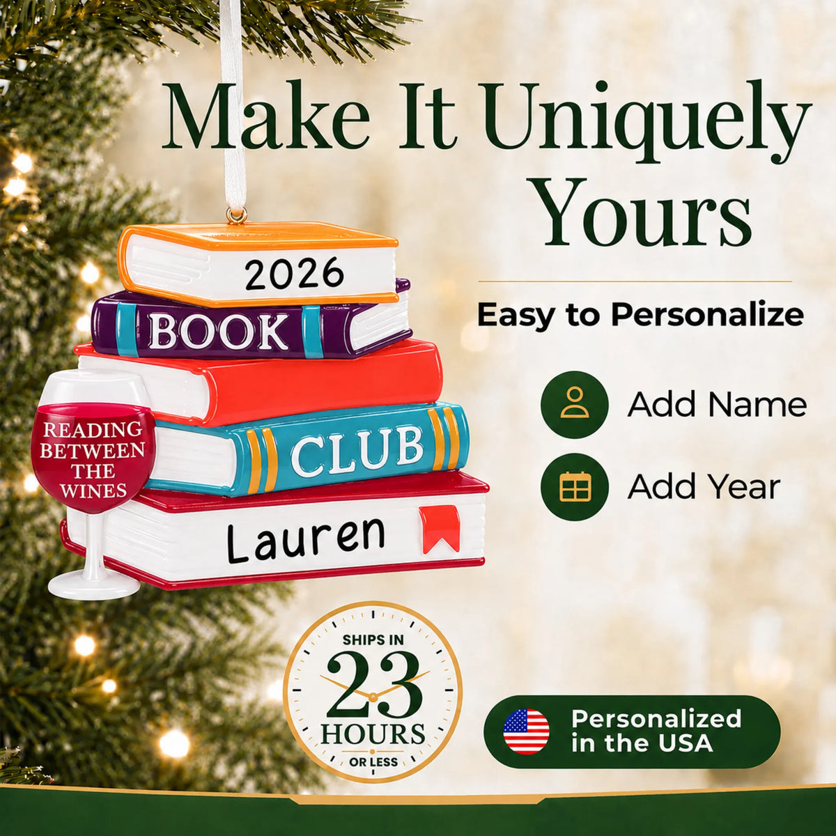 Make it yours: personalize the Book Club Wine Glass christmas ornament