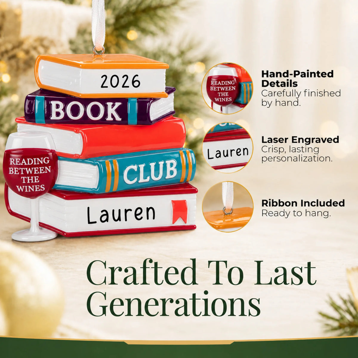 Hand-painted details and laser engraved personalization on the Book Club Wine Glass christmas ornament, ribbon included