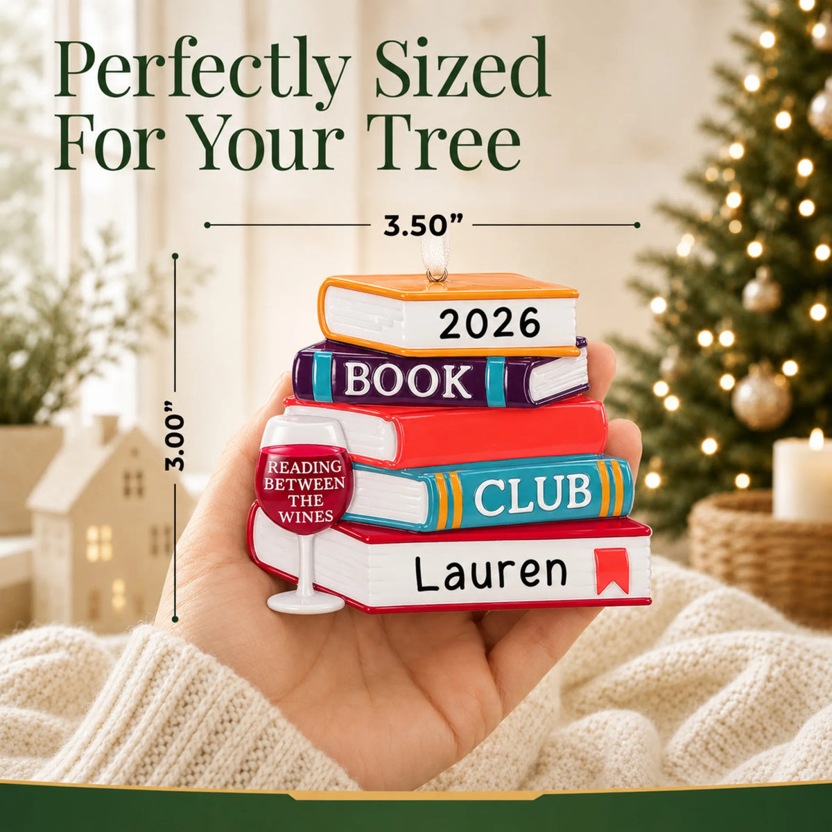 Size guide: the personalized Book Club Wine Glass christmas ornament is 3.50 in wide by 3.00 in tall, shown in hand