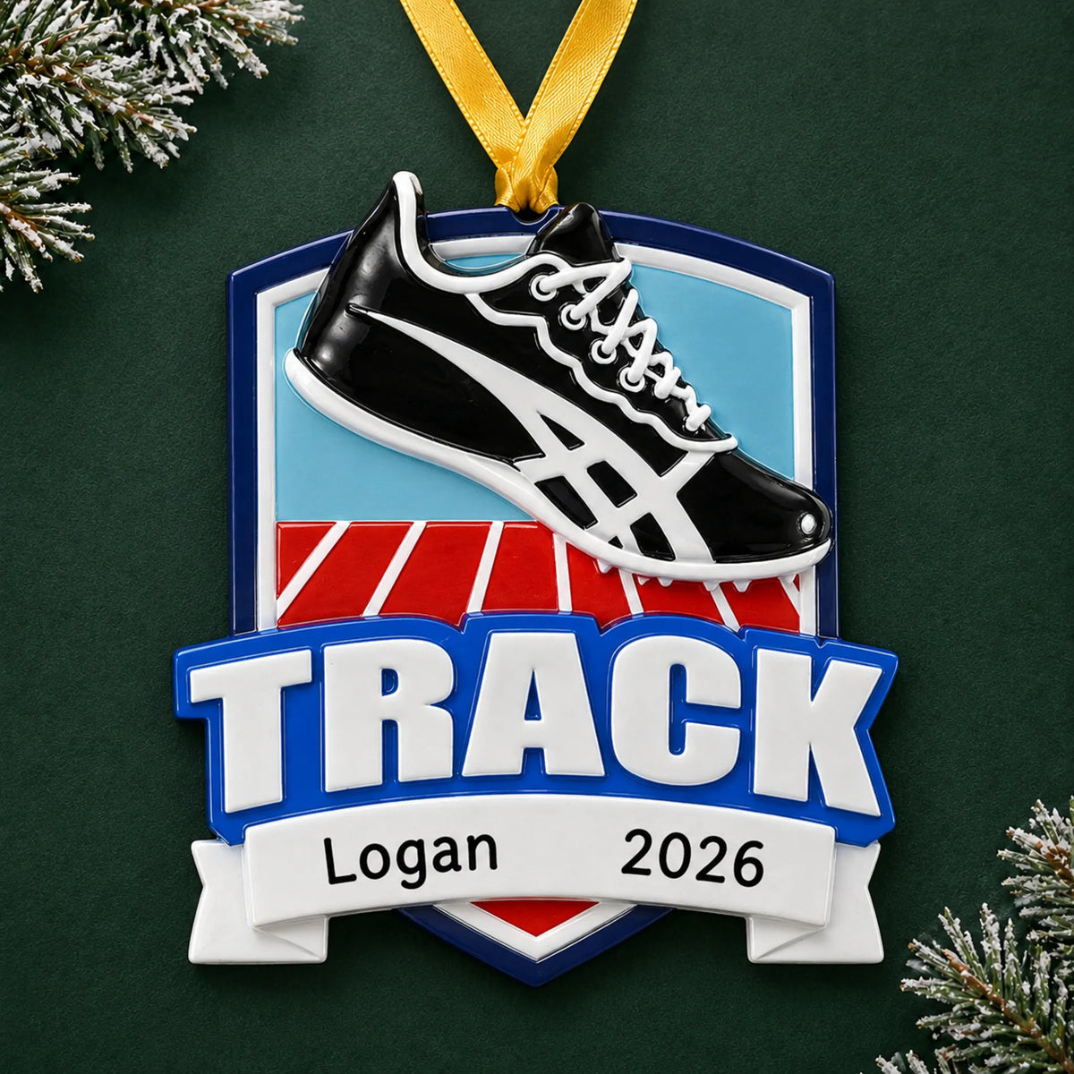 Personalized track christmas ornament on a dark green pine background