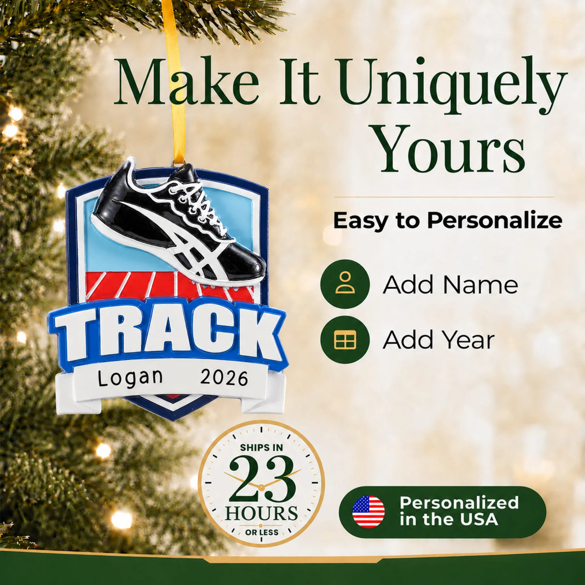 Make it yours: add name and year to the personalized track christmas ornament