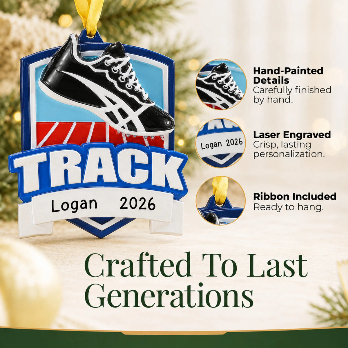 Hand-painted details and laser engraved personalization on the track christmas ornament, ribbon included