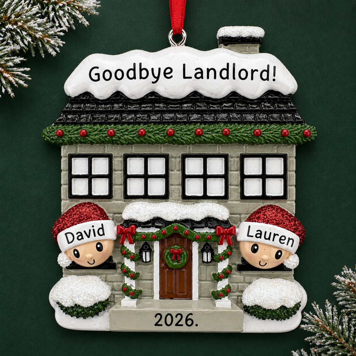 Personalized new home couple christmas ornament on a dark green pine background