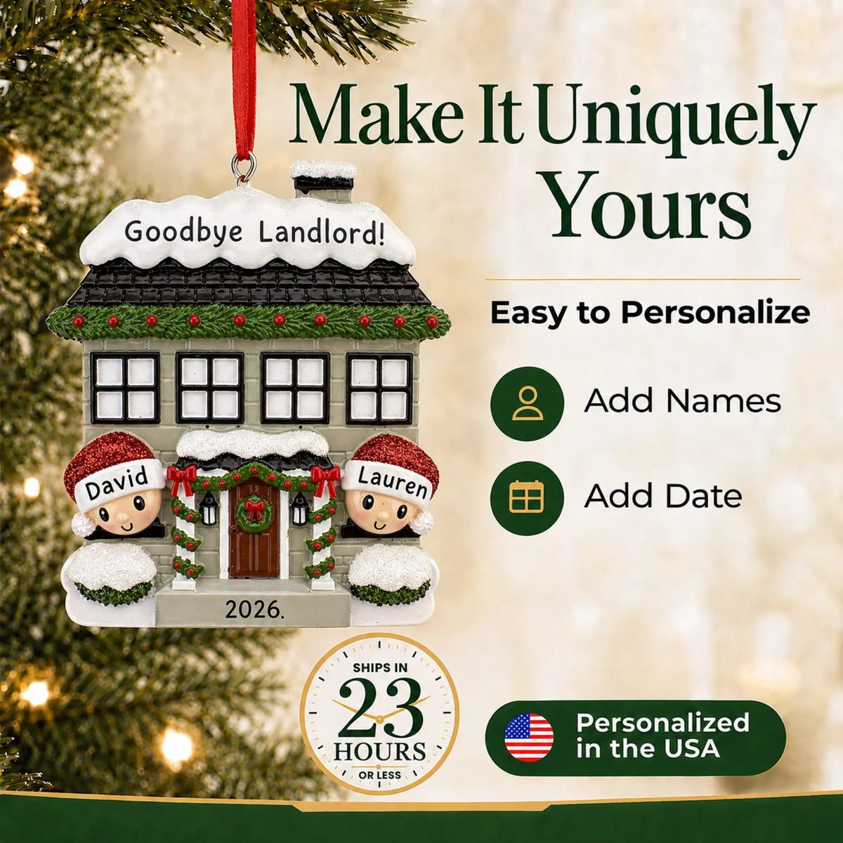 Make it yours: add names to the personalized new home couple christmas ornament