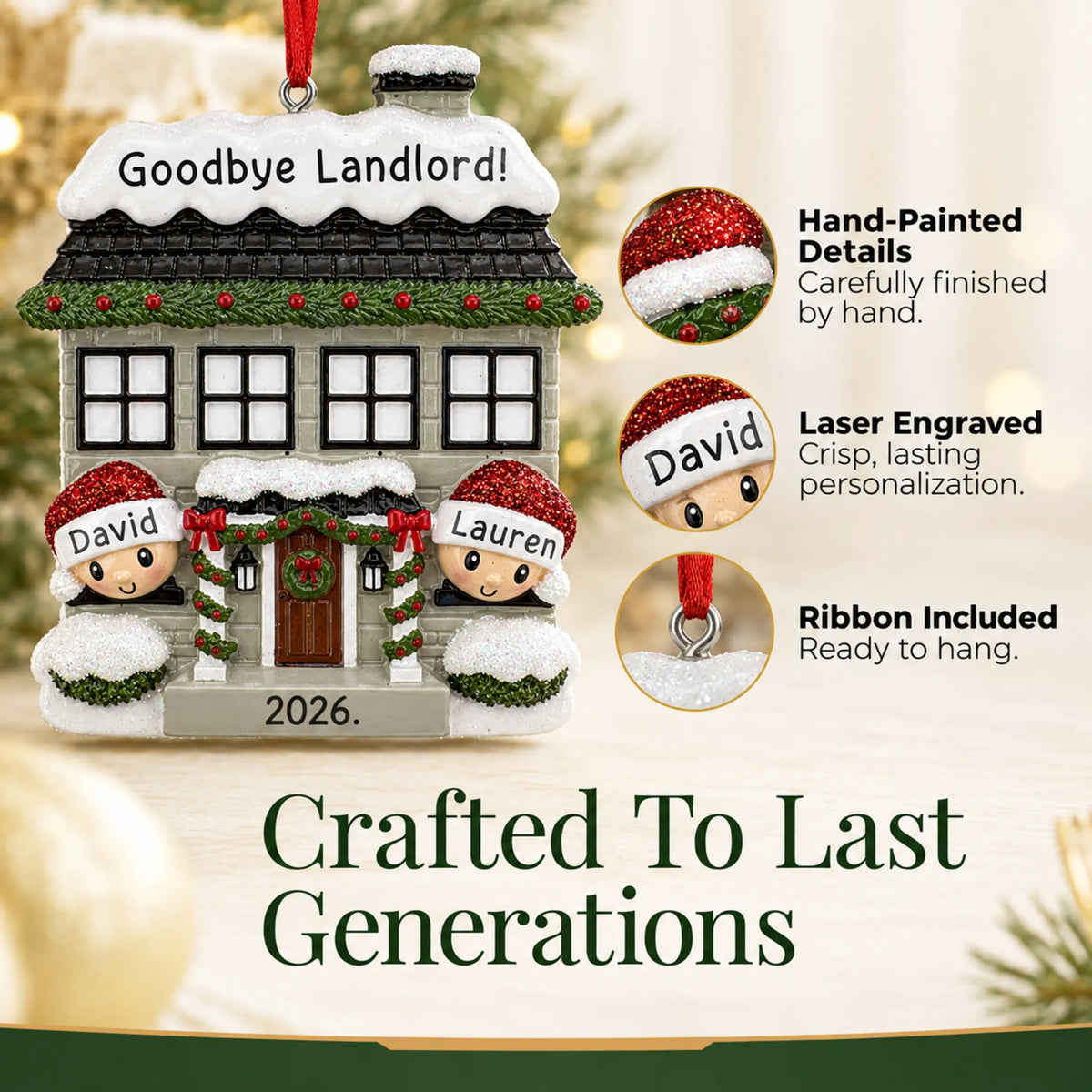 Hand-painted details and laser engraved personalization on the new home couple christmas ornament, ribbon included