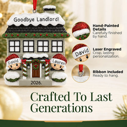 Hand-painted details and laser engraved personalization on the new home couple christmas ornament, ribbon included