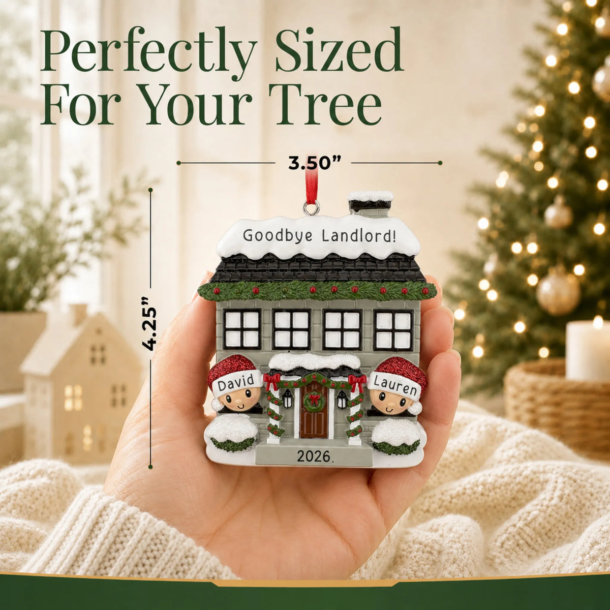 Size guide: the personalized new home couple christmas ornament is 3.50 in wide by 4.25 in tall, shown in hand