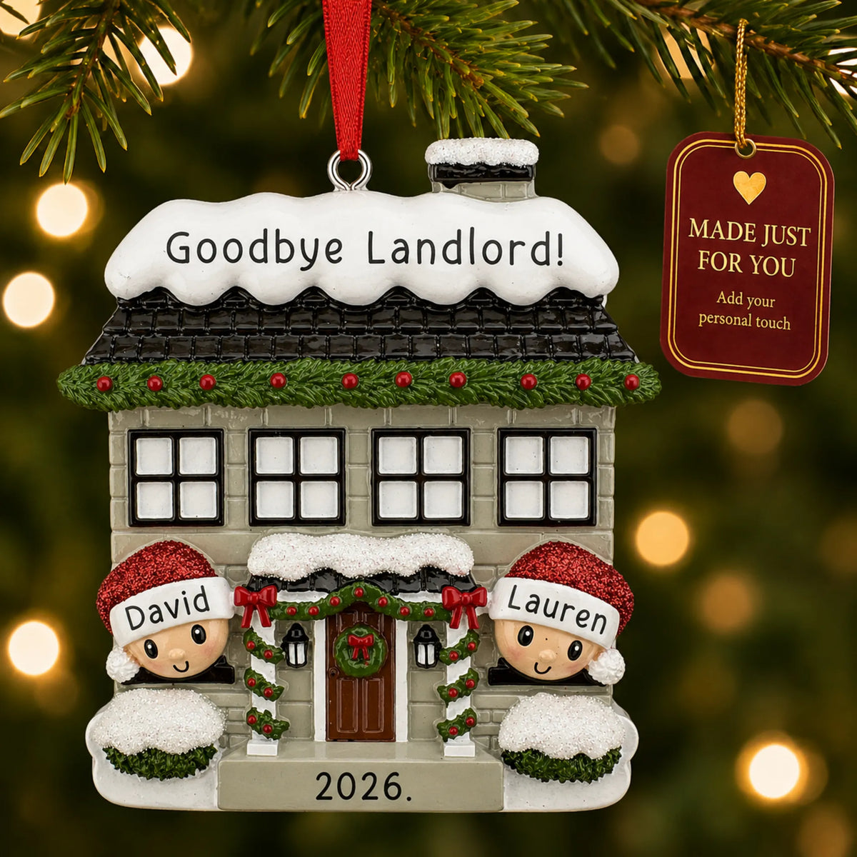 New home couple christmas ornament hanging on a lit Christmas tree with a Made Just For You gift tag