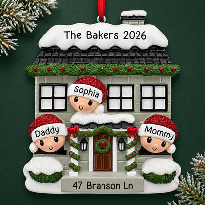 Personalized new home family of 3 christmas ornament on a dark green pine background