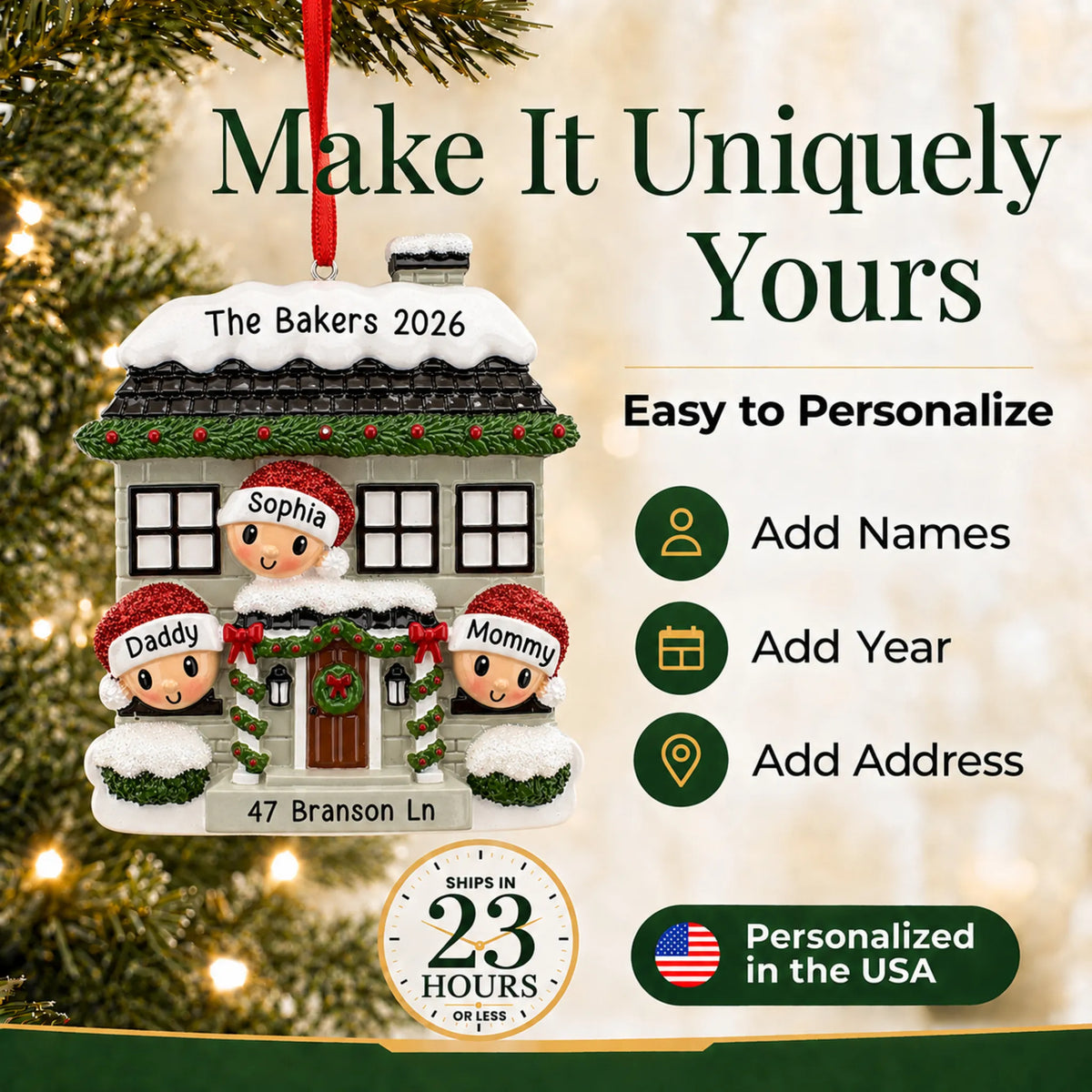 Make it yours: add names and year to the personalized new home family of 3 christmas ornament