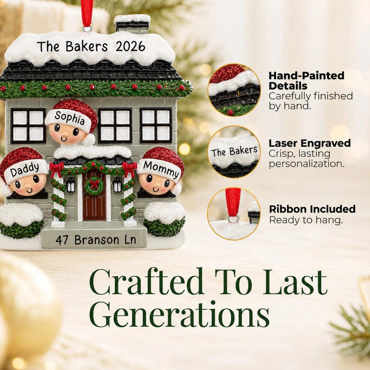 Hand-painted details and laser engraved personalization on the new home family of 3 christmas ornament, ribbon included