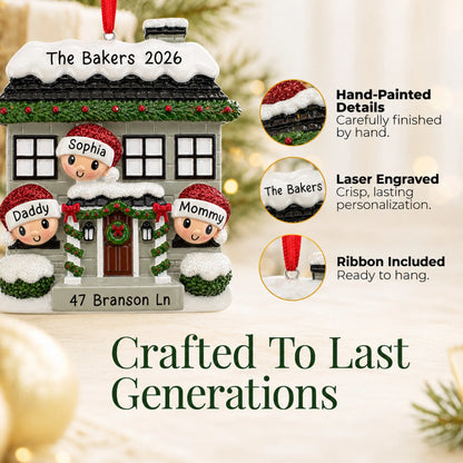 Hand-painted details and laser engraved personalization on the new home family of 3 christmas ornament, ribbon included