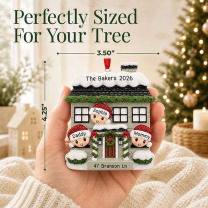 Size guide: the personalized new home family of 3 christmas ornament is 3.50 in wide by 4.25 in tall, shown in hand