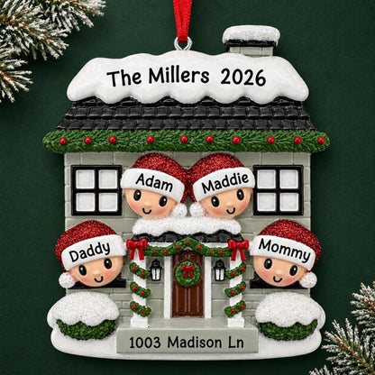 Personalized new home family of 4 christmas ornament on a dark green pine background