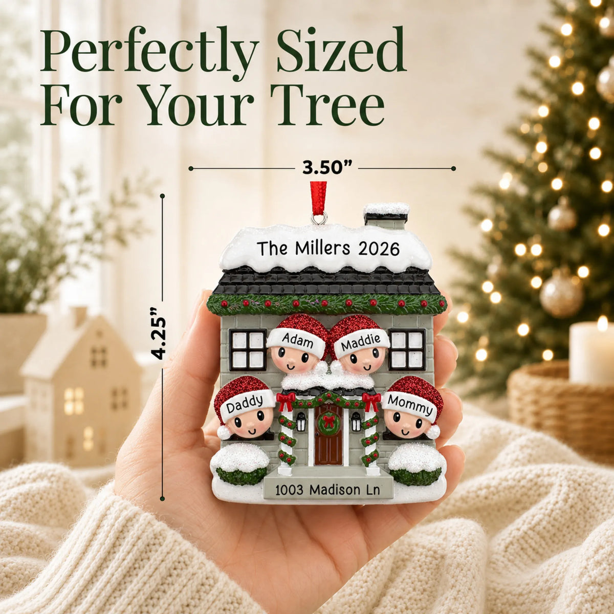 Size guide: the personalized new home family of 4 christmas ornament is 3.50 in wide by 4.25 in tall, shown in hand