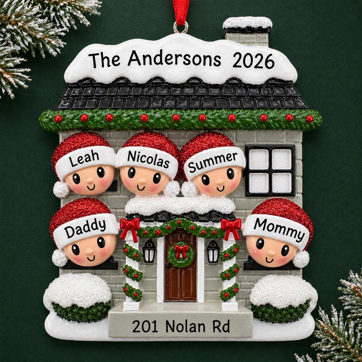 Personalized new home family of 5 christmas ornament on a dark green pine background