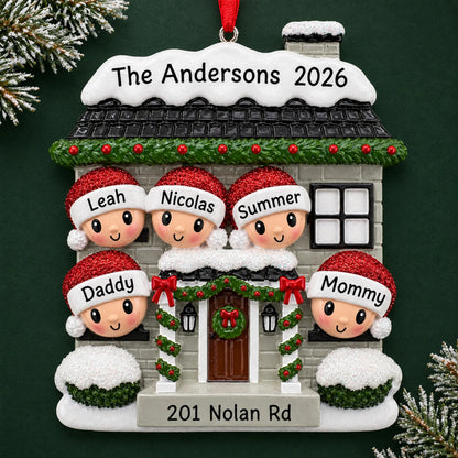 Personalized new home family of 5 christmas ornament on a dark green pine background