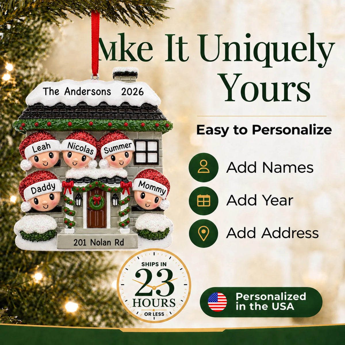 Make it yours: add names and year to the personalized new home family of 5 christmas ornament