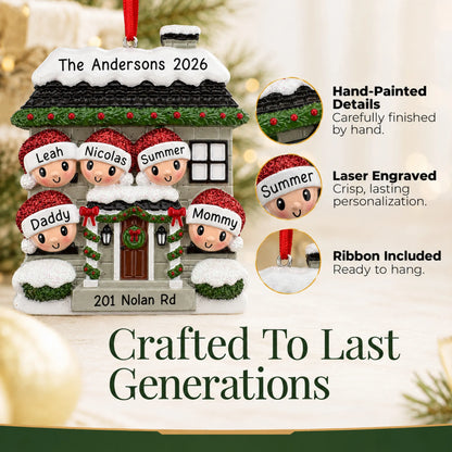 Hand-painted details and laser engraved personalization on the new home family of 5 christmas ornament, ribbon included