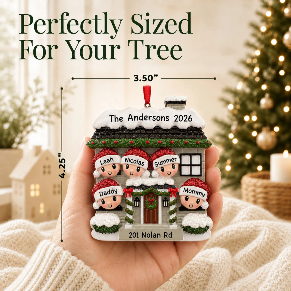 Size guide: the personalized new home family of 5 christmas ornament is 3.50 in wide by 4.25 in tall, shown in hand